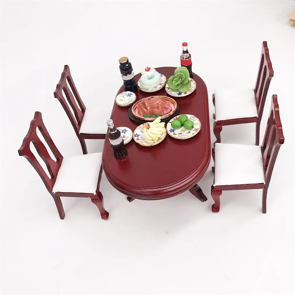 1:12 Dollhouse Simulation Miniature Furniture Red Wooden Color Dining Table Chair Set DIY Doll House Decoration Kids Toys A513 1:12 Dollhouse Simulation Miniature Furniture Red Wooden Color Dining Table Chair Set DIY Doll House Decoration Kids Toys A513