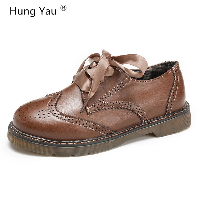

Hung Yau FLAT Oxford Shoes Woman Flats Brogue Oxford PU vintage Leather Women Shoes Autumn Spring Black Brown Shoes Size 35-39