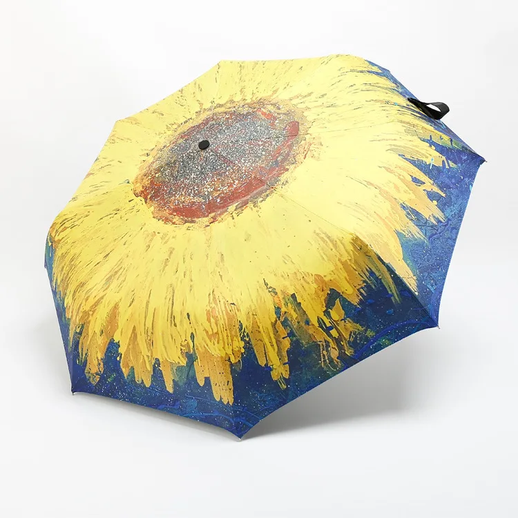 

Oil Painting Umbrella Rain Women Sunflower Sunny Parasol Sunshade Anti UV Automatic Security Three Folding Umbrella