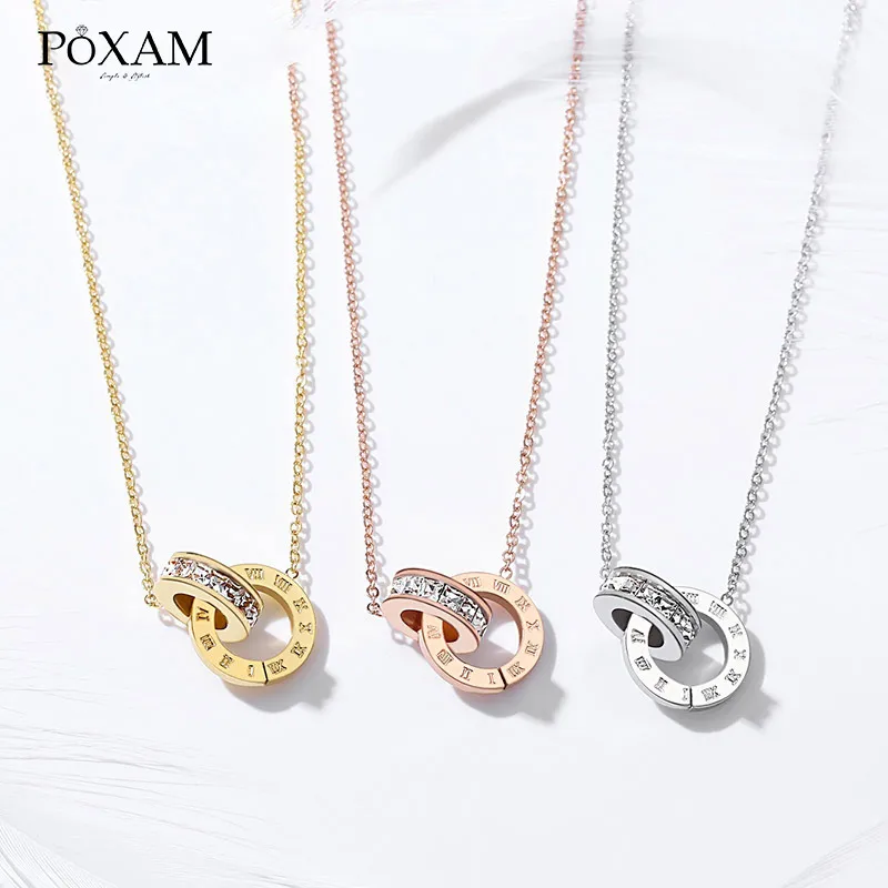 

POXAM Luxury Elegant Crystal Choker Fashion Roman Digital Stainless Steel Gold Silver Pendant Necklaces for Women Man Jewelry