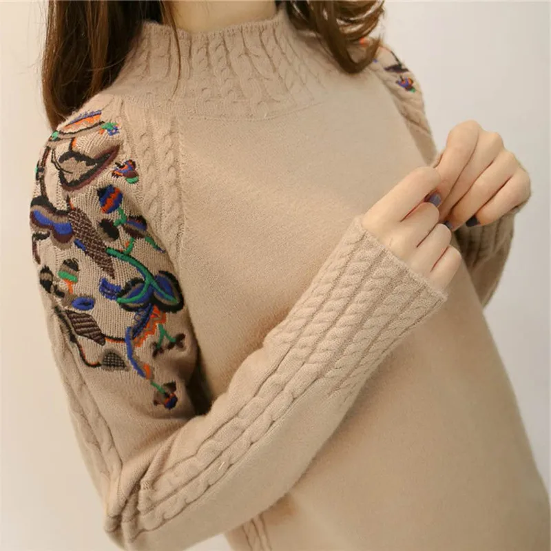 

2018 female half turtleneck sweater female sleeve head embroidery twist loose all-match long sleeved bottoming sweaters ZY4225