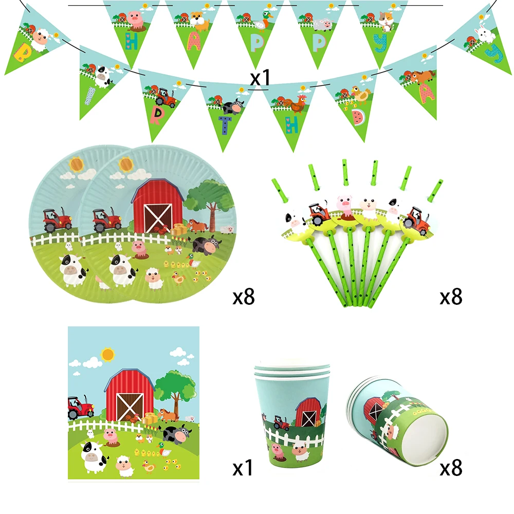 

Farm Animals Pig Cow theme 26pcs for 8kids birthday party supplie tableware set, plate+straw+glass+banner+tablecover ect