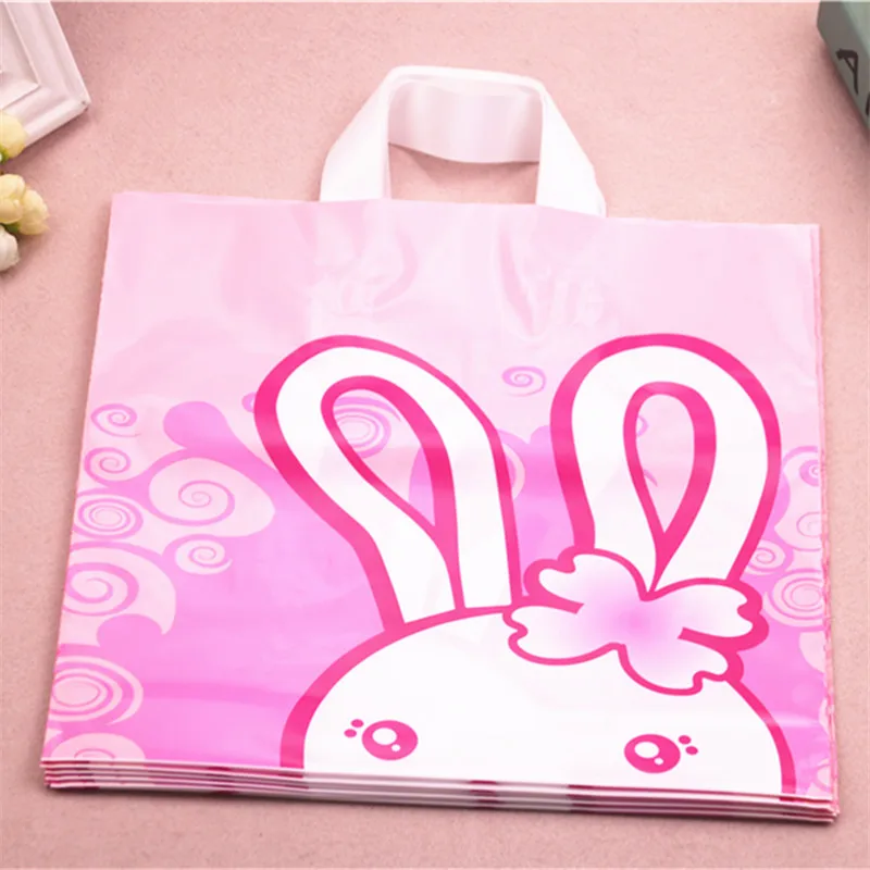 

High-density Polythylene Eco-friendly Pink Lovely Rabbit Packaging Bags 10pcs/lot 29*35cm Large Plastic Gift Bags for Wedding
