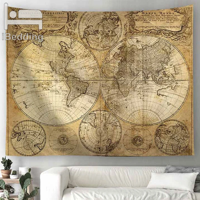 Gold World Map Scenery Printed Tapestry Polyester Wall