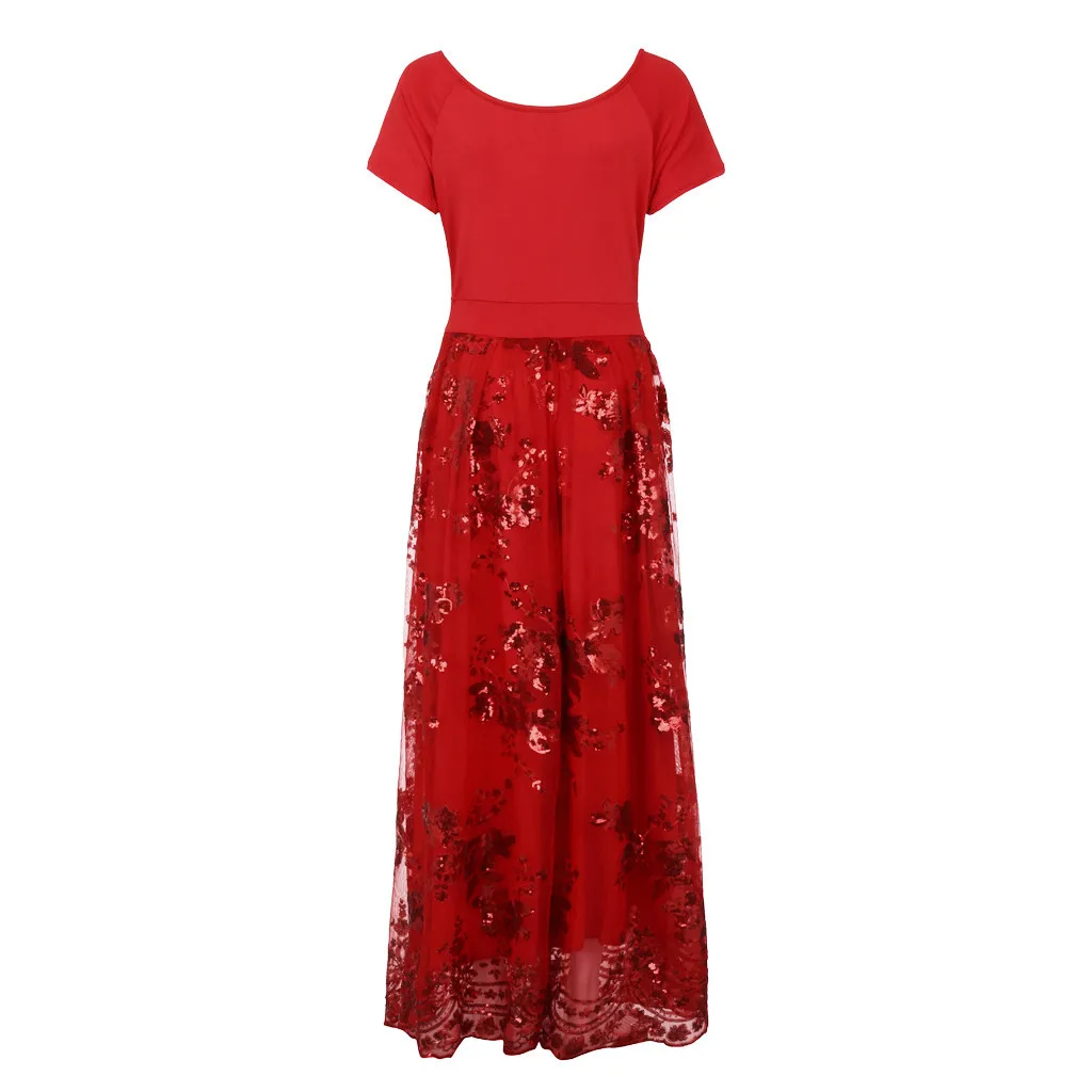 Женское платье большого размера с v-образным вырезом и коротким рукавом, платье с цветочным рисунком и блестками, вечернее Сетчатое платье, макси платья для женщин 4xl 5xl - Цвет: Red
