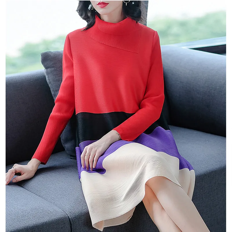 

Special pleats Spring New 2019 Women Large Size Loose Dress Fashion Stripe Pleated Party Dresses For Women Red Khaki Black Dress