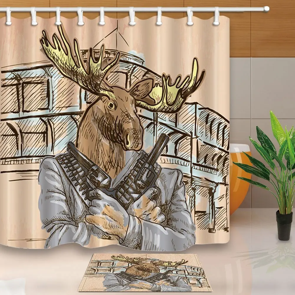 Wild Animal Bath Decor Watercolor Wildlife Moose with Guns Against