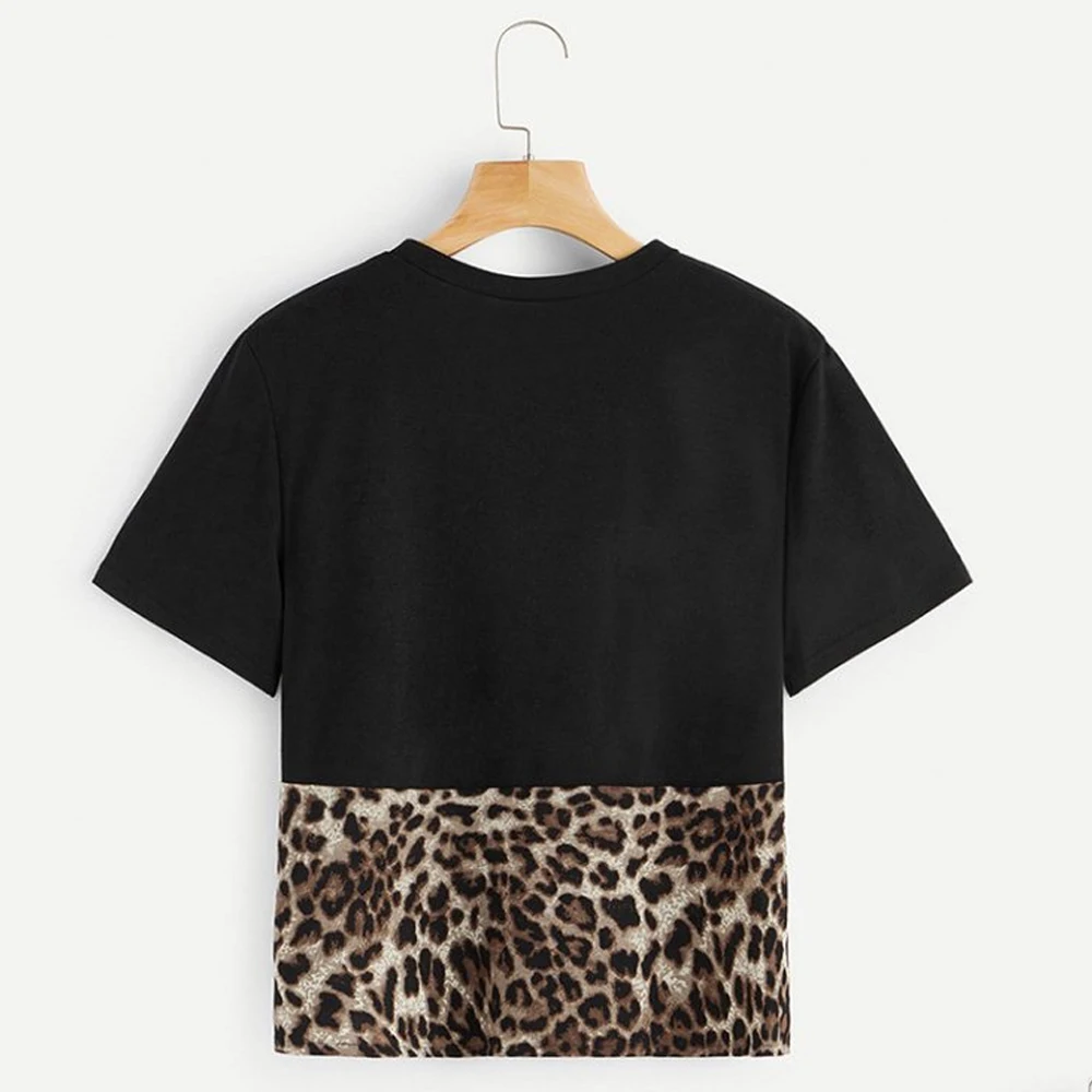 الأزياء إمرأة السببية القمصان السيدات Pacthwork ليوبارد طباعة الترتر كم المحملة فام قمم الإناث التي شيرت Camisas موهير