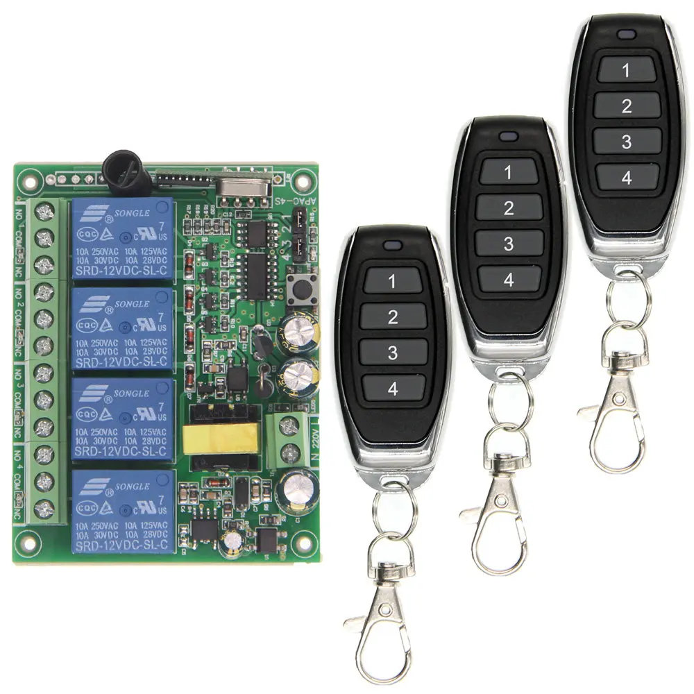 

Universal AC 220V 10A Relay 4CH 4 CH Wireless RF Remote Control Switch Transmitter+Receiver Module,315 / 433 MHz