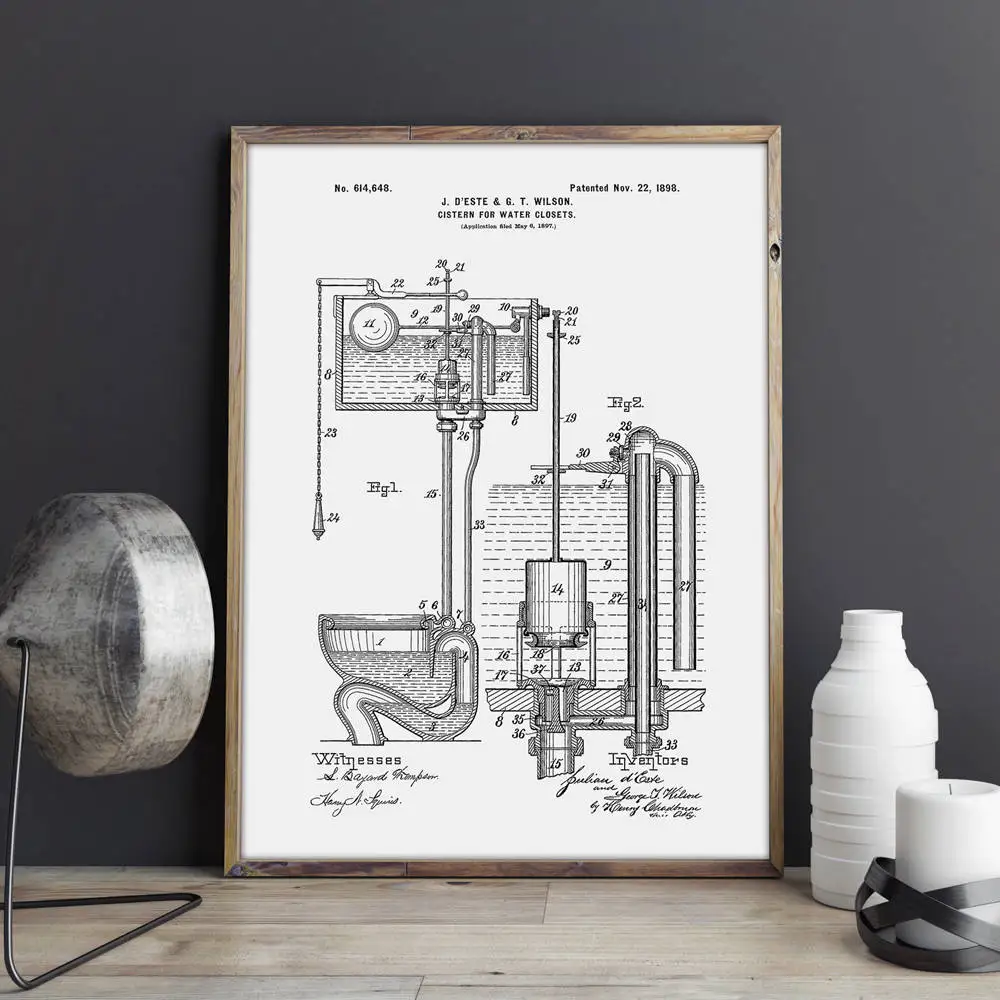 Туалет патент, система смыва, ванная комната настенное искусство, картина принты, плакат, домашний декор, Винтаж, чертеж, патент печать, подарок, рисунок