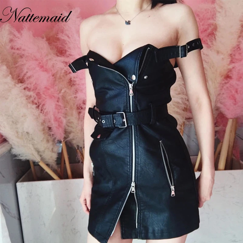 

NATTEMAID Fashion PU leather dress women V neck mini sexy dress Christmas sash zipper winter black short dress sundress vestido
