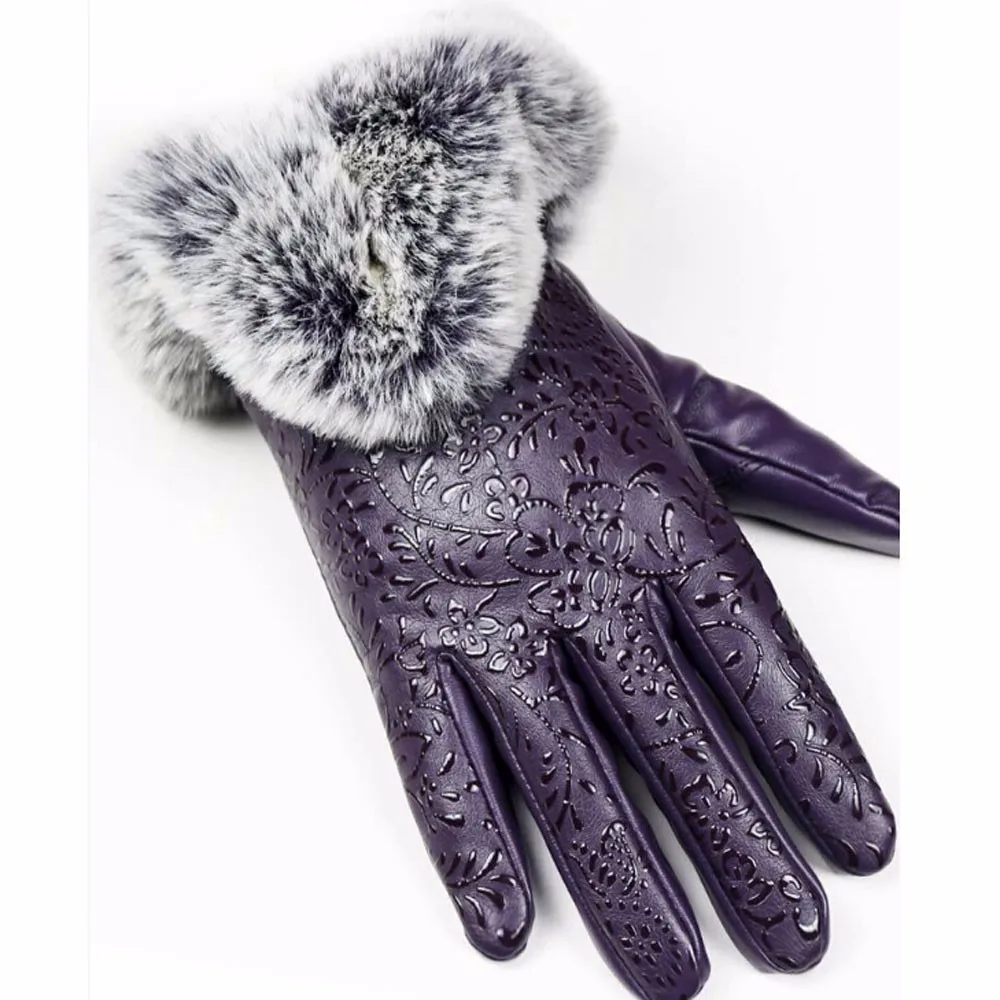 Осенне-зимние теплые варежки с кроличьим мехом, перчатки для женщин, женские черные перчатки из искусственной кожи, полный палец, перчатки для девочек, Guantes