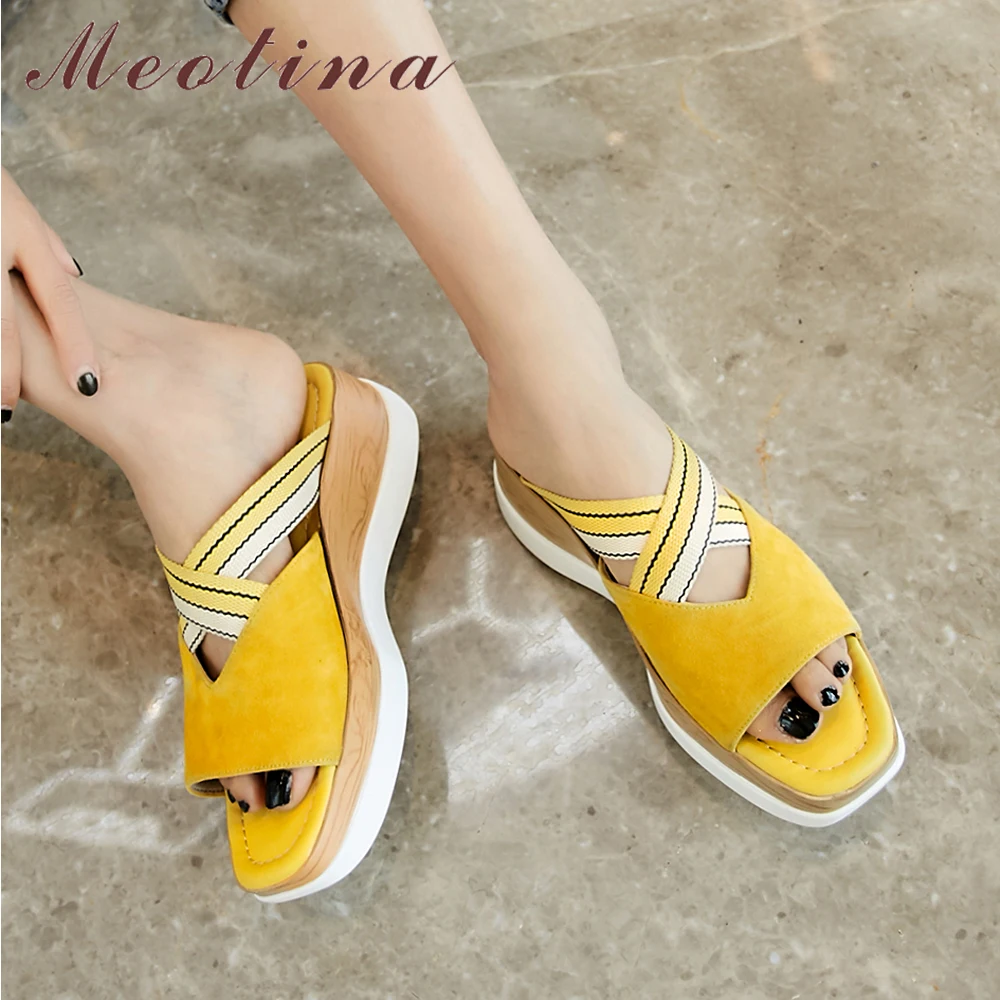

Meotina Summer Slides Women Shoes Kid Suede Platform Wedges High Heel Shoes Cross-tied Open Toe Slippers Ladies Sandals Size 39