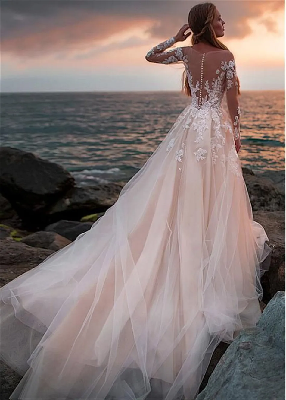 Stunning Tulle Sheer Bateau Neckline A-line Wedding Dress With Beaded Lace Appli