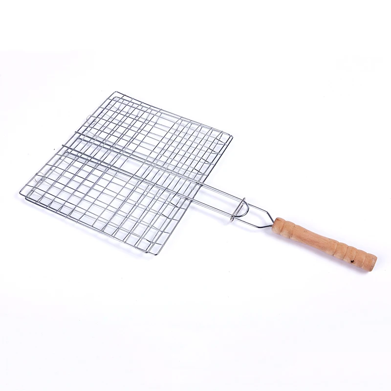 33CM*48CM Foldable DIY Barbecue Grilling Basket Wood Handle Outdoor BBQ Grilling Fish Rack Barbecue Tool Fish Grill Net