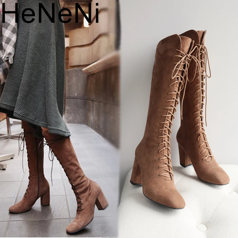 

Non-leather Lace Up Knee High Boots Women Flock Thick heel 5-8cm Soft Leather Fashion Woman Shoes Winter Hot Sale British style