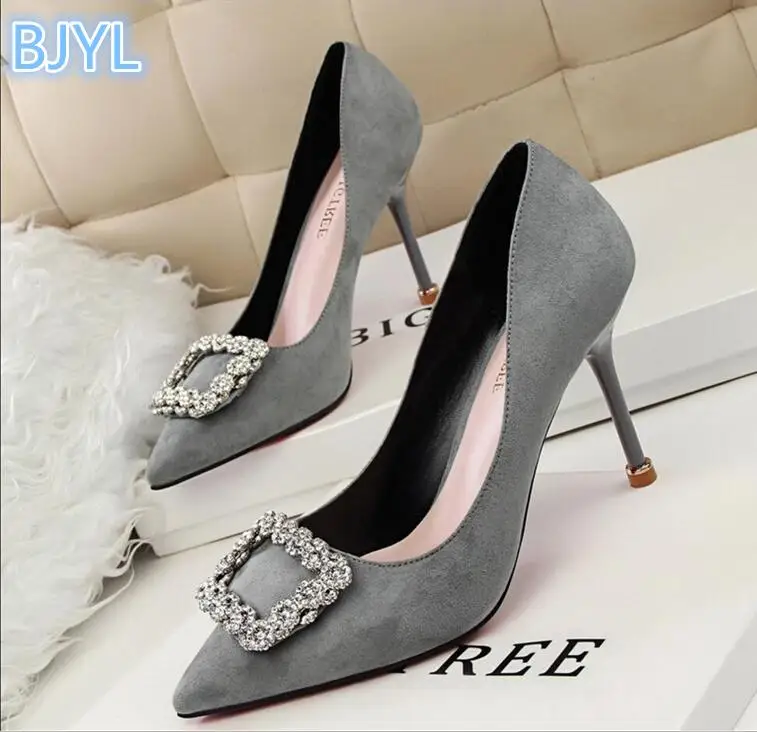 

BJYL Temperament elegant women's shoes stiletto high-heeled shallow mouth suede slim pedicure tip buckle rhinestone women's shoe