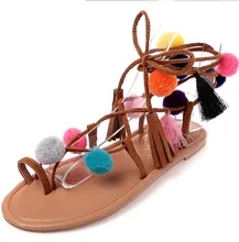 Bohemia Bondage gypsy pompon pom pom sandals women ring toe concise strappy Boho flat cross strap fur ball ethnic flip flops