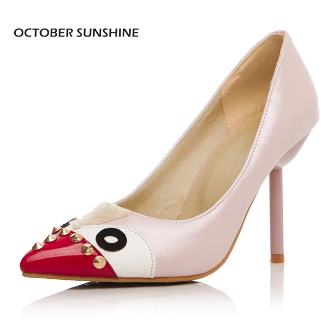 

OCTOBER SUNSHINE 2017 Cute cartoon women Pink / Blue Rivets Pumps Pointed Toe Thin Heels fashion Mixed Colors shoes for women