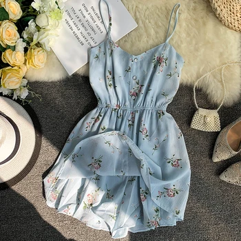 

2019 new fashion women's jumpsuits Wide leg Korean sweet small fresh floral V-neck strap single buckle rompers