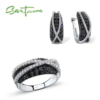 SANTUZZA Jewelry Set For Women Natural Black-Spinels Stones Sparkling luxury Ring Earrings Set 925 Sterling Silver Jewelry Set - SALE ITEM - Category 🛒 Jewelry & Accessories