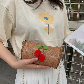 

Womens Small Fresh Fashion Straw Cherry Cylinder Bag Joker Shoulder Slung Bag New