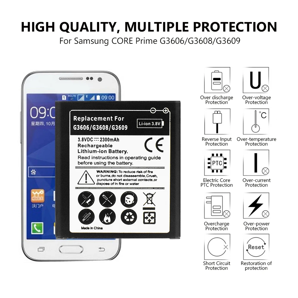 

Lithium Generic Battery EB-BG360CBC EB-BG360CBE EB-BG360BBE For Samsung GALAXY CORE Prime G3608 G3609 G3606 2300mAh Batteries