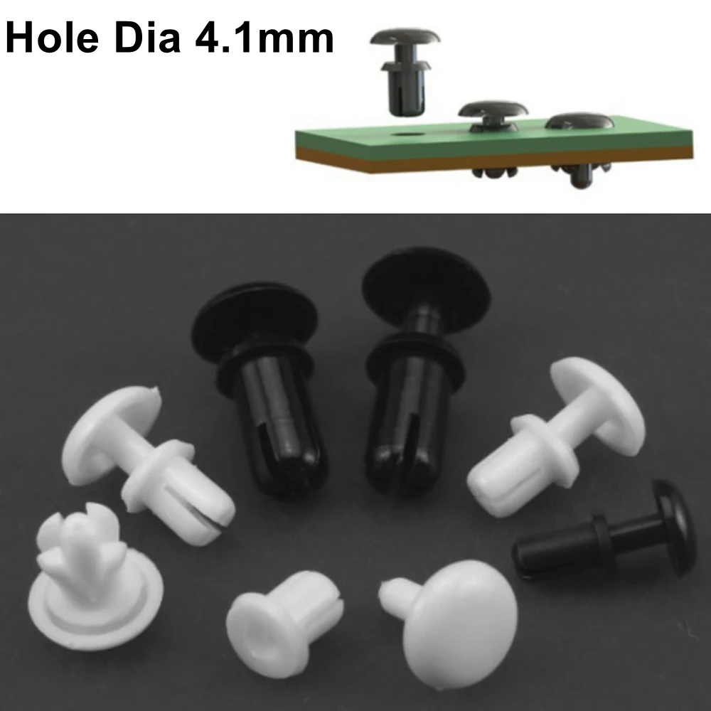 

100pcs Black and White Plastic R Type Expansion Rivet Nut Buckle Clip for Computer PCB Mother Board Hole Diameter 4.1mm