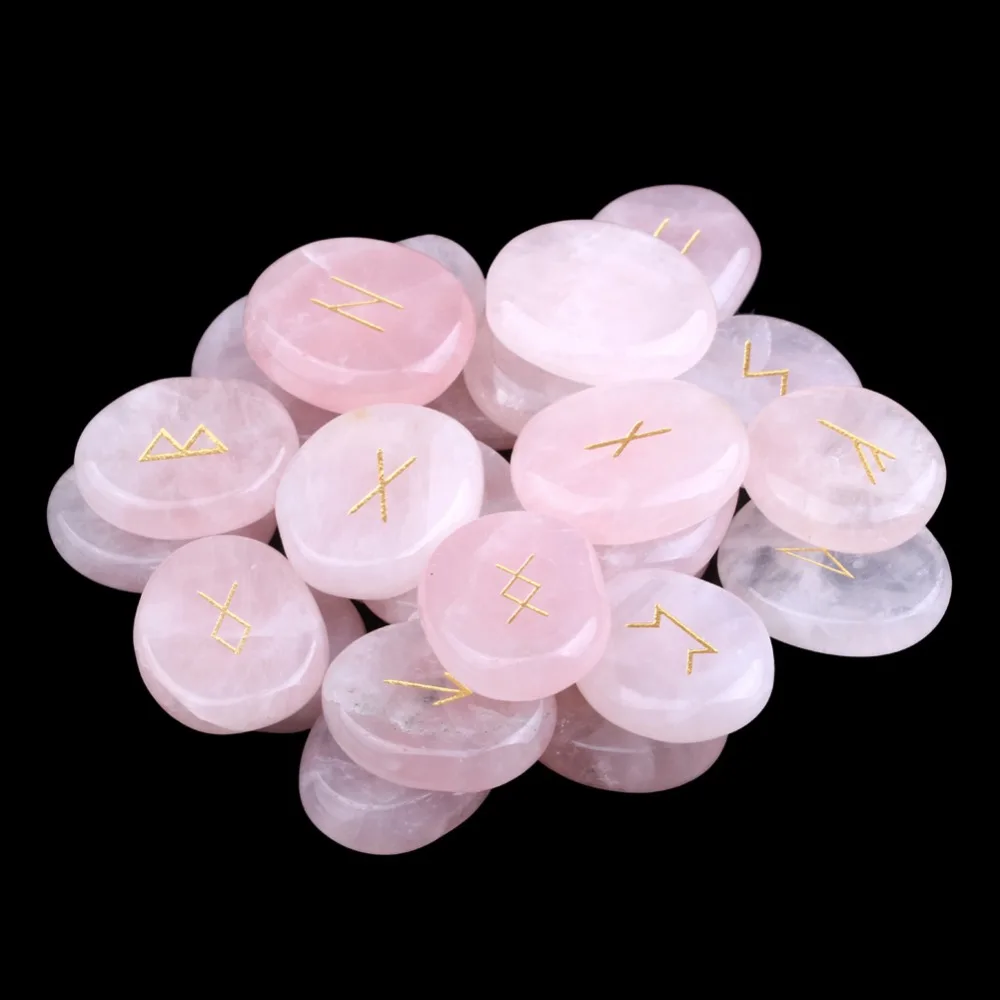 

Natural Rune Stones Engraved Lettering Crystal Set Wiccan Pagan Rose Quartz Chakra Stone Reiki Healing EN0520SY