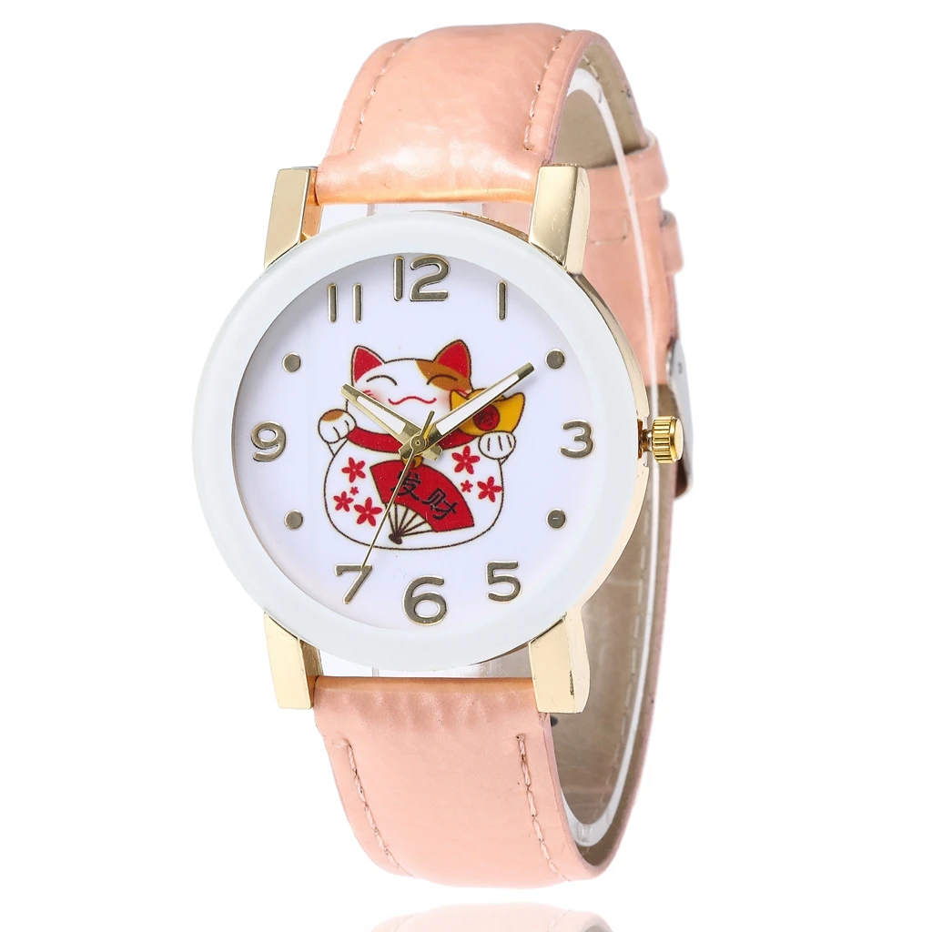 Chinese Style Women Watches Cute Cartoon Lucky Cat Pattern Leather Strap Wrist Watches for Women Quartz Watch Relojes Para Mujer