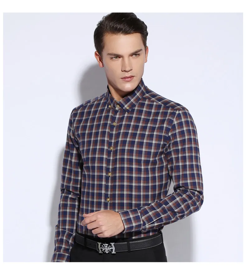 Чистый хлопок бренд качество клетчатая Мода Бизнес повседневные мужские рубашки с длинным рукавом не железные кнопки вниз досуг мужские рубашки