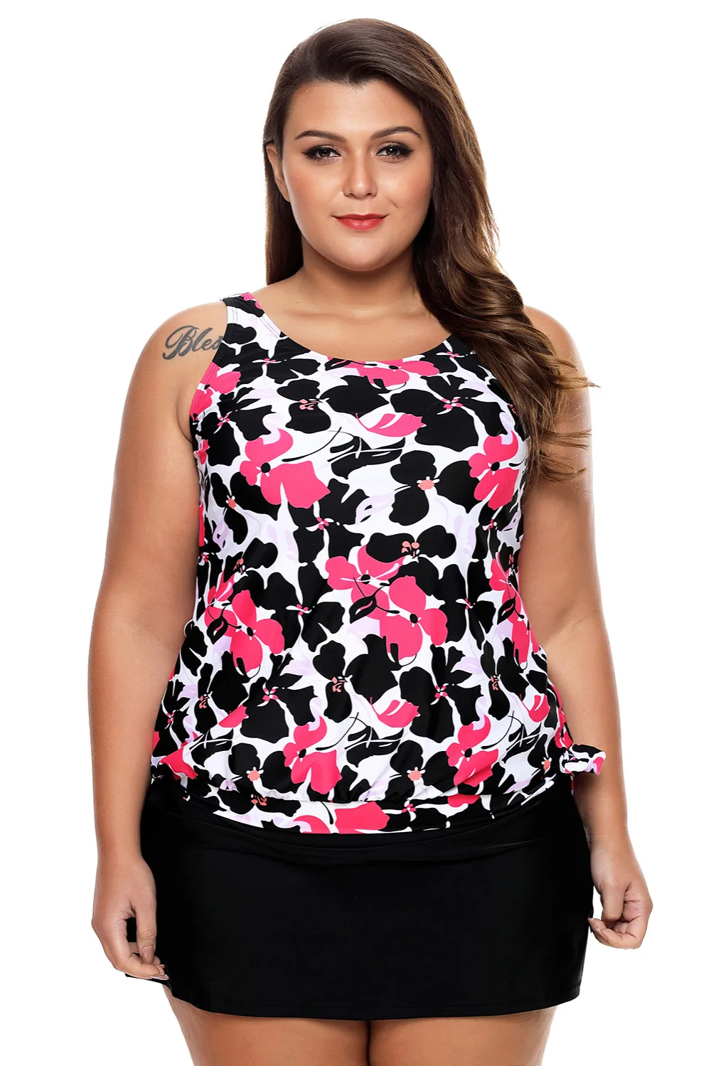 Pink-Black-Floral-Tankini-2pcs-Skirtini-Swimsuit-LC410489-6