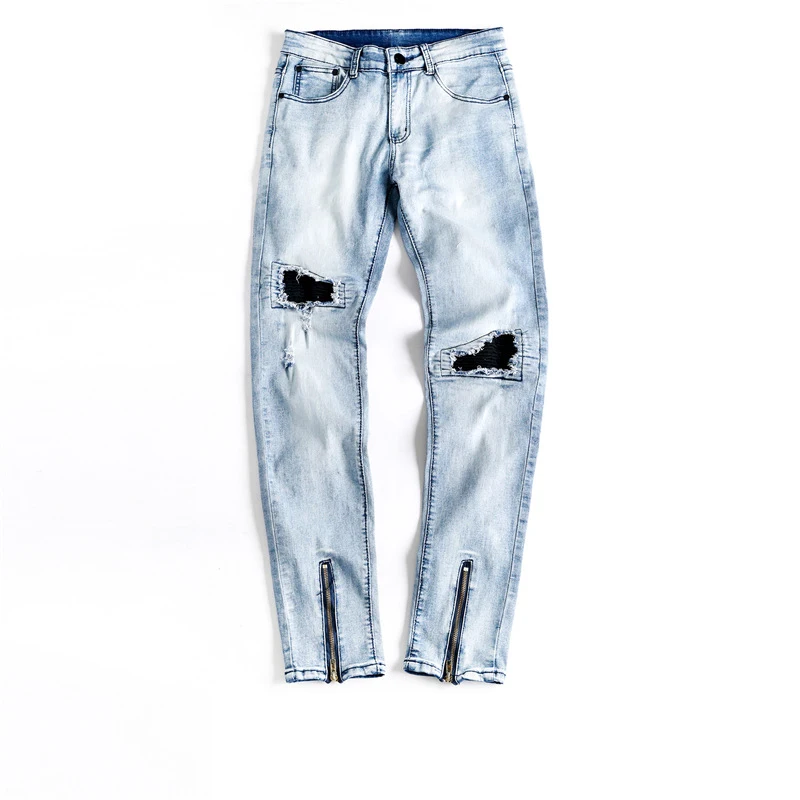 Men's Jeans Personality Knee Pleats Patchwork Trousers Zipper Fashion Casual Trousers New