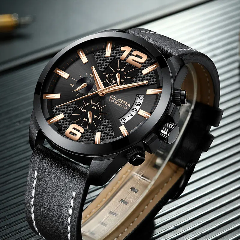 CUENA Quartz Watches Men Luxury Brand Stopwatch Luminous Hands Genuine Leather Strap 30M Waterproof Clock Man Fashion Watch 2018 CUENA Quartz Watches Men Luxury Brand Stopwatch Luminous Hands Genuine Leather Strap 30M Waterproof Clock Man Fashion Watch 2018
