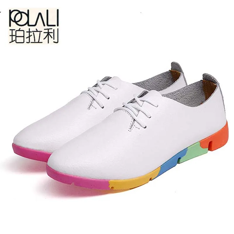 POLALI Autumn spring new lace leather women flat white shoes pointed deep mouth soft bottom leisure flat colorful shoes woman