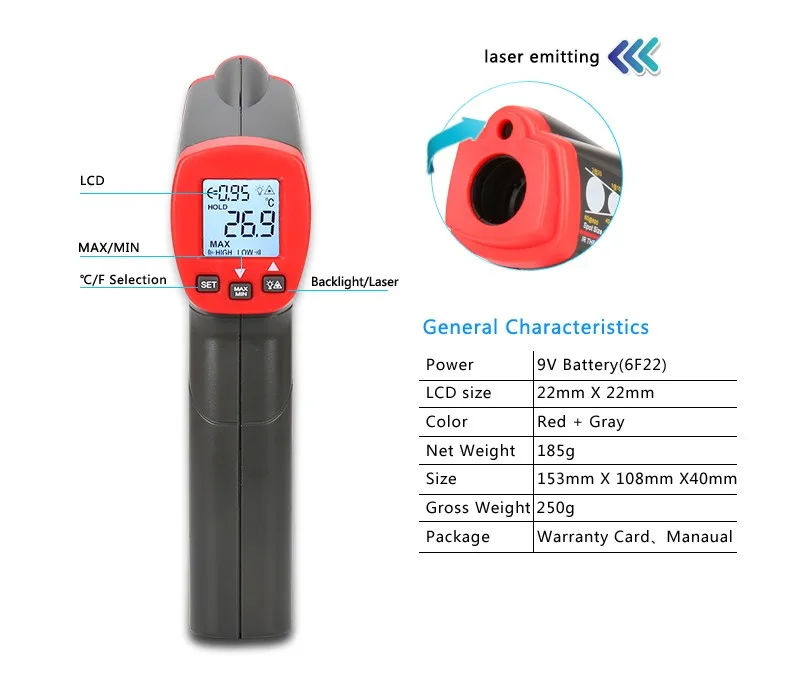 UNI-T UT300S Бесконтактный инфракрасный термометр цифровой инфракрасный термометр Ручной ЖК-дисплей лазерный термометр температурные инструменты