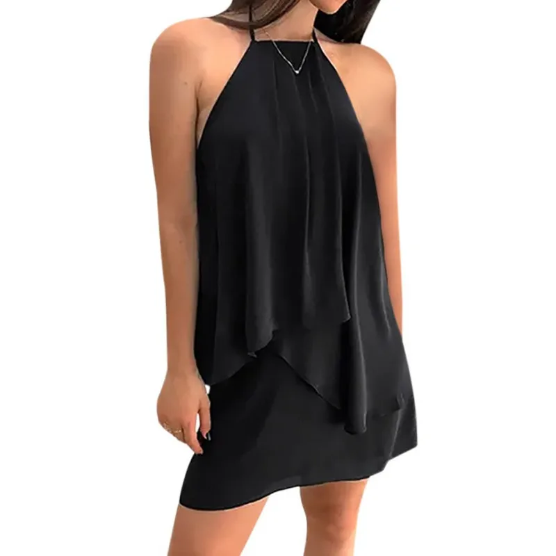 

Girl Chiffon Beach Dress Irregular Dress Ruffle Halter Leak back Summer Casual for Women Short Dress
