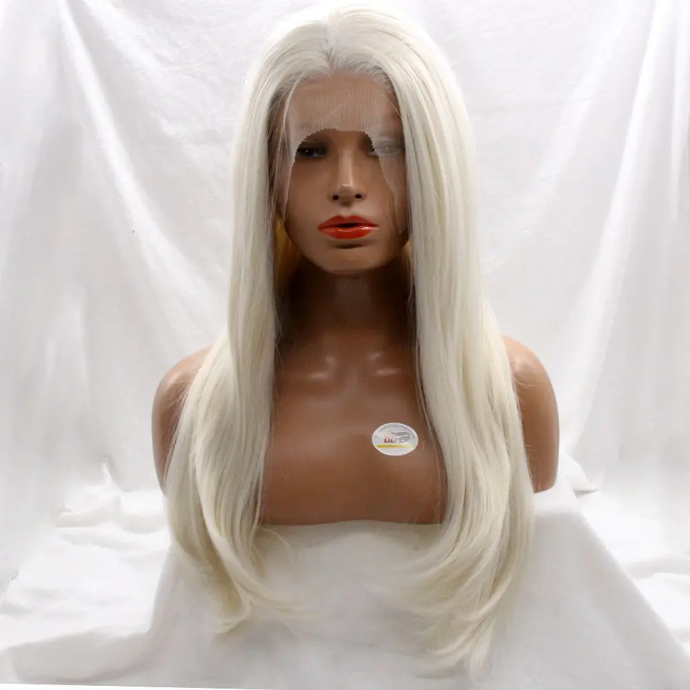 

DLME Long Natural Straight Milk White Free Part Synthetic Lace Front Wig For Women Pure Color Heat Resistant Fiber Hair