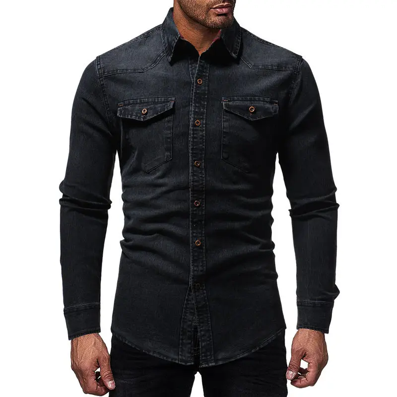 TANG черная джинсовая рубашка мужская повседневная Облегающая рубашка с длинным рукавом Осень хлопок джинсовая рубашка мужская одежда Большие размеры - Цвет: 3