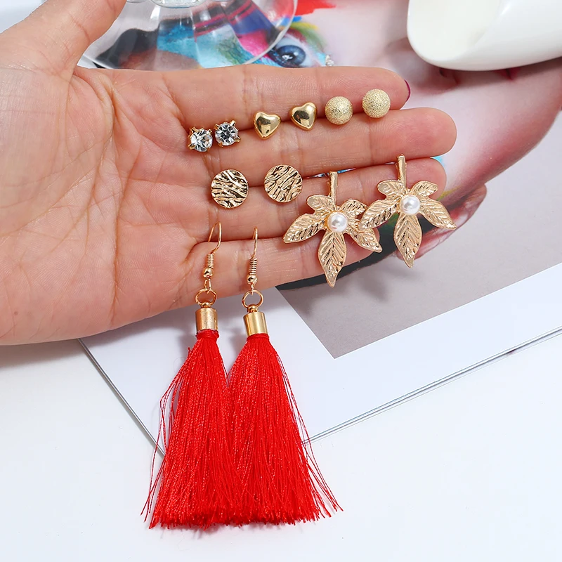 

New Fashion Long Red Tassel White Cystal Earrings Set For Women Girl Bohemian Geometric Earring Gold Leaf Brincos Female Jewelry
