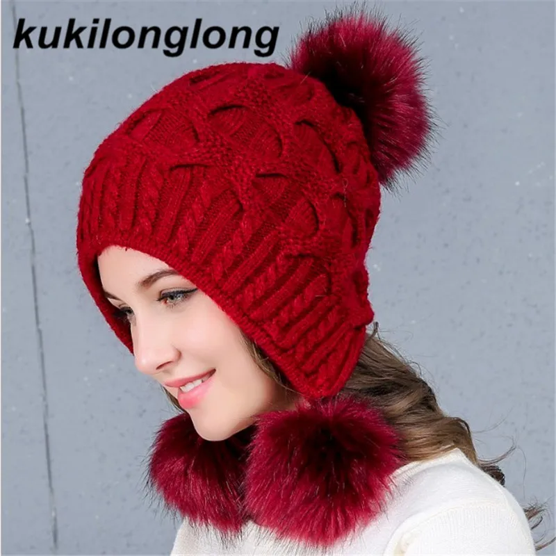 Kukilonglong женская зимняя шапка вязаная кролика волосы шапочки Мода Skullies Открытый
