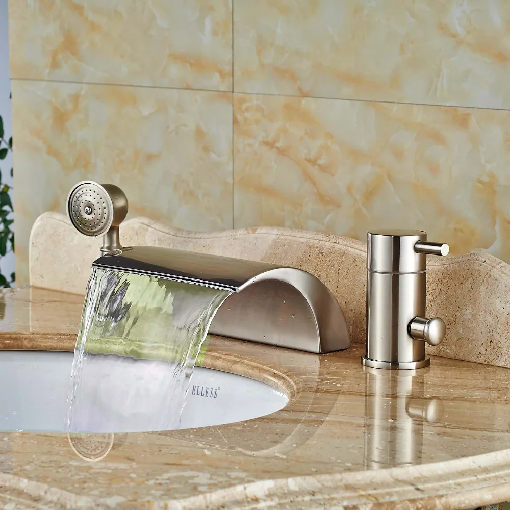 

LED Color Deck Mounted Bathtub Faucet Set with Handheld Shower Brushed Nickel Finished 3pcs Single Handle