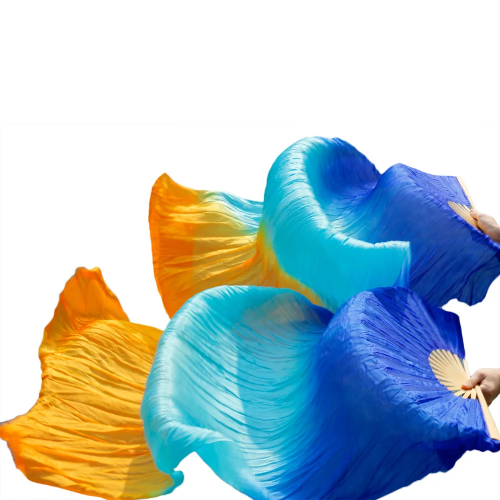 2018 Newest Belly Dance 100% Silk Fans Handmade Dance Fans 1 Left Hand+1 Right Hand Royal blue + Turquoise + Orange