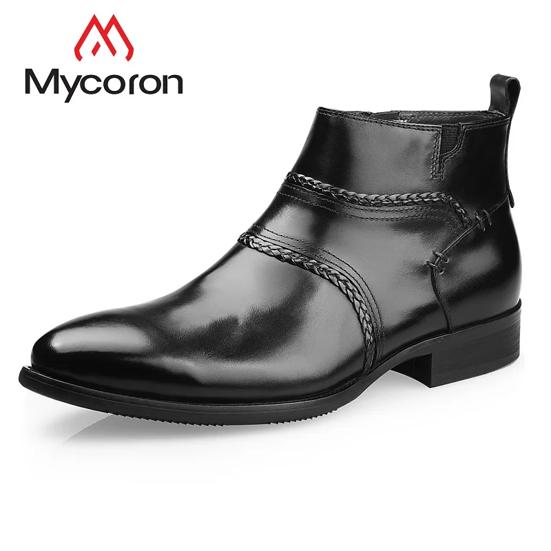 Mycoron Tissé Motif Mens Mode Top Zip Bout Luxe Qualité En Pointu Bottes Main Cheville marron Chaussures De Véritable Martin Cuir Noir Marque D2IEWH9