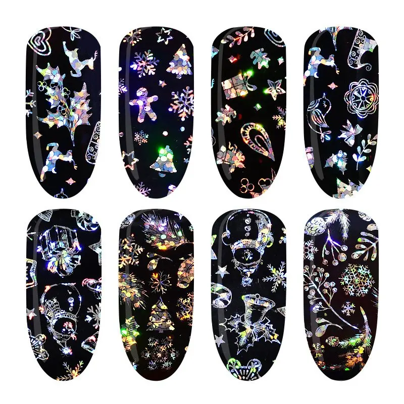 

3D Christmas Image Holographic Nail Foil Snow Flower Star Nails Art DIY Sticker Adhesive Polish Tips Manicure 8Pcs Y1