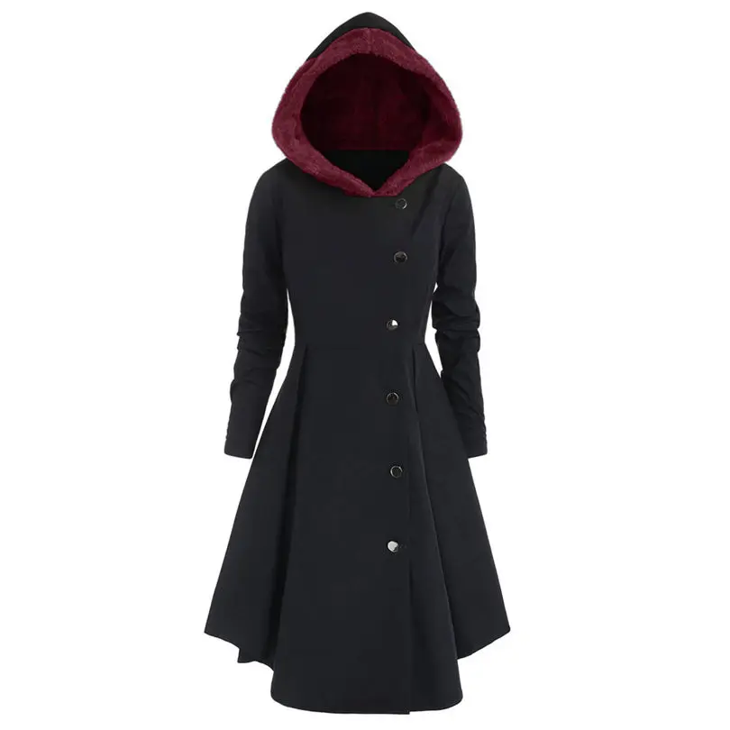 New Women fashion Plus Size Asymmetric Keep Warm Fleece Hooded Single Breasted Long Drap Buttons Coat #4F10 (5)