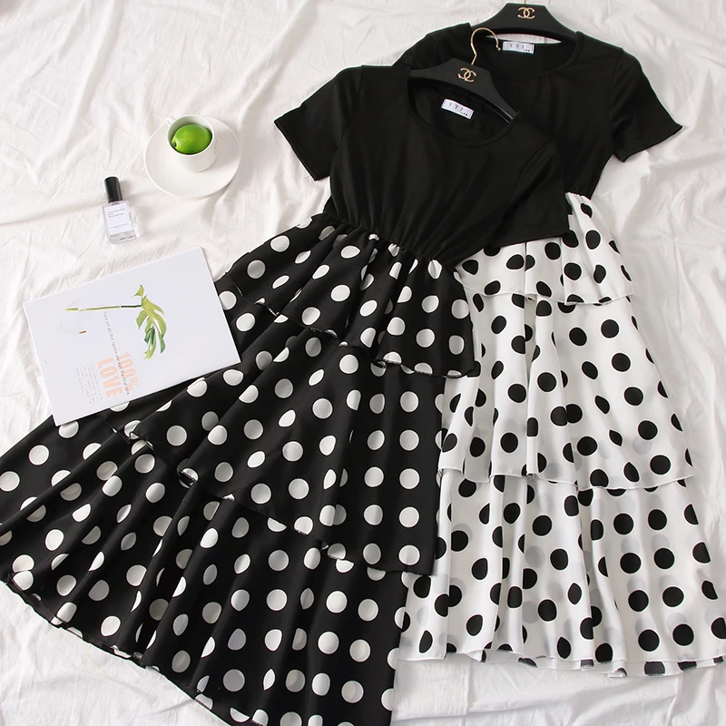 

Korean Women's All Mtach Loose Black White Dots Dress 2019 Summer New Korean Fashion Cake Stitching Women's Dresses Female