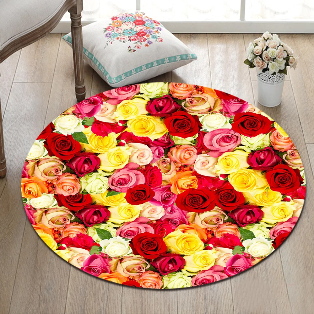 LB Colorful Rose Round Area Rug And Memory Foam Flower Carpet for Kids