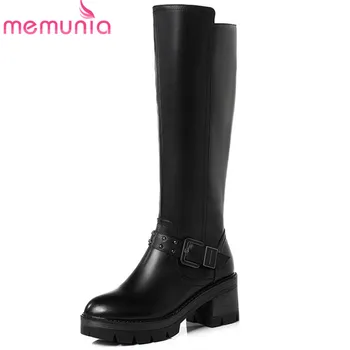 

MEMUNIA 2020 newest genuine leather boots women round toe autumn winter boots zipper platform shoes woman mid calf boots female