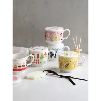 

268ml ceramic coffee mug cartoon milk water cute bees printed handpainted mugs with handgrip and lid birthday gift